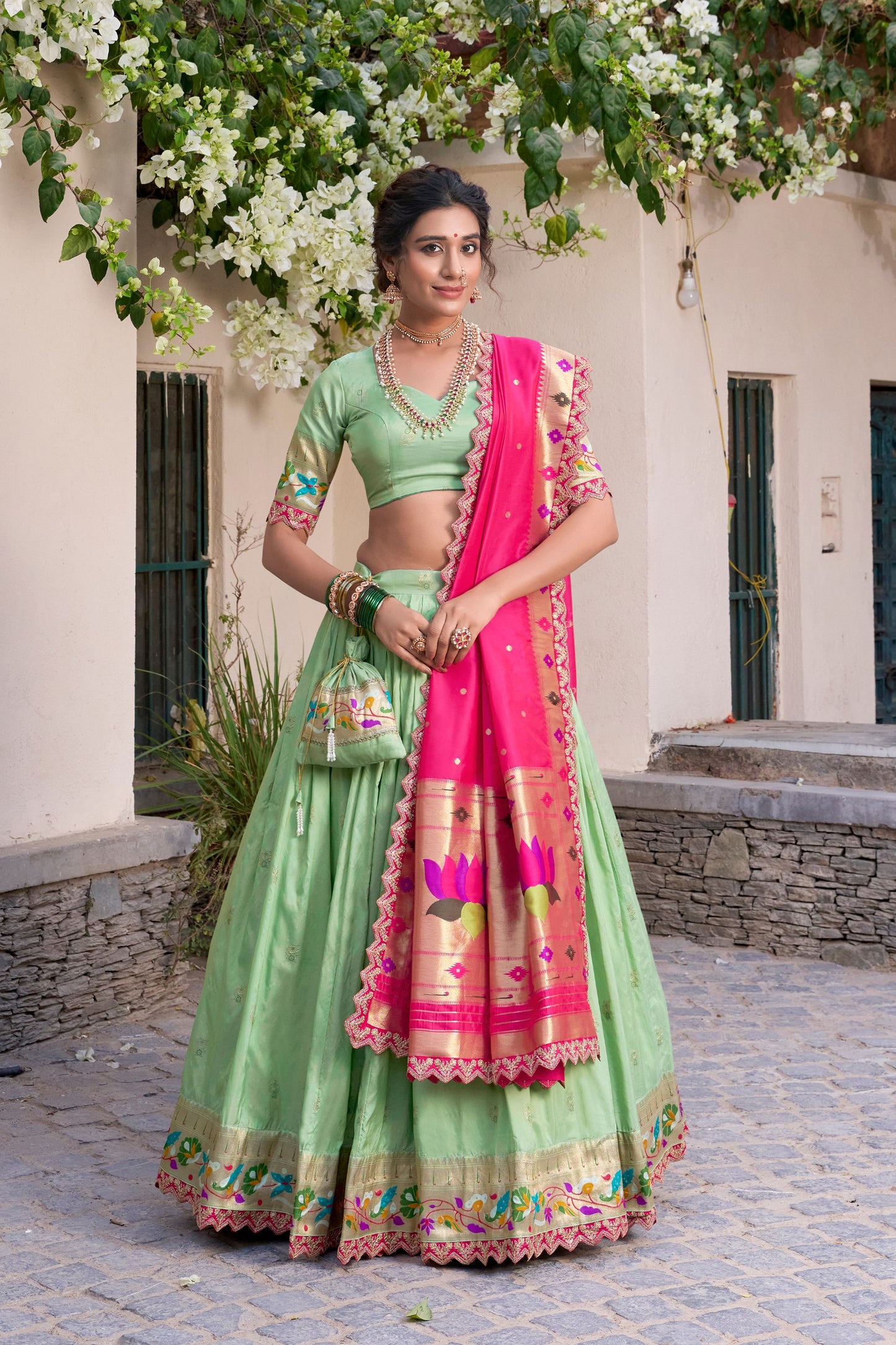 Paithani Jacquard Silk Lehenga Choli With Batwa, Drawstring & Tassels