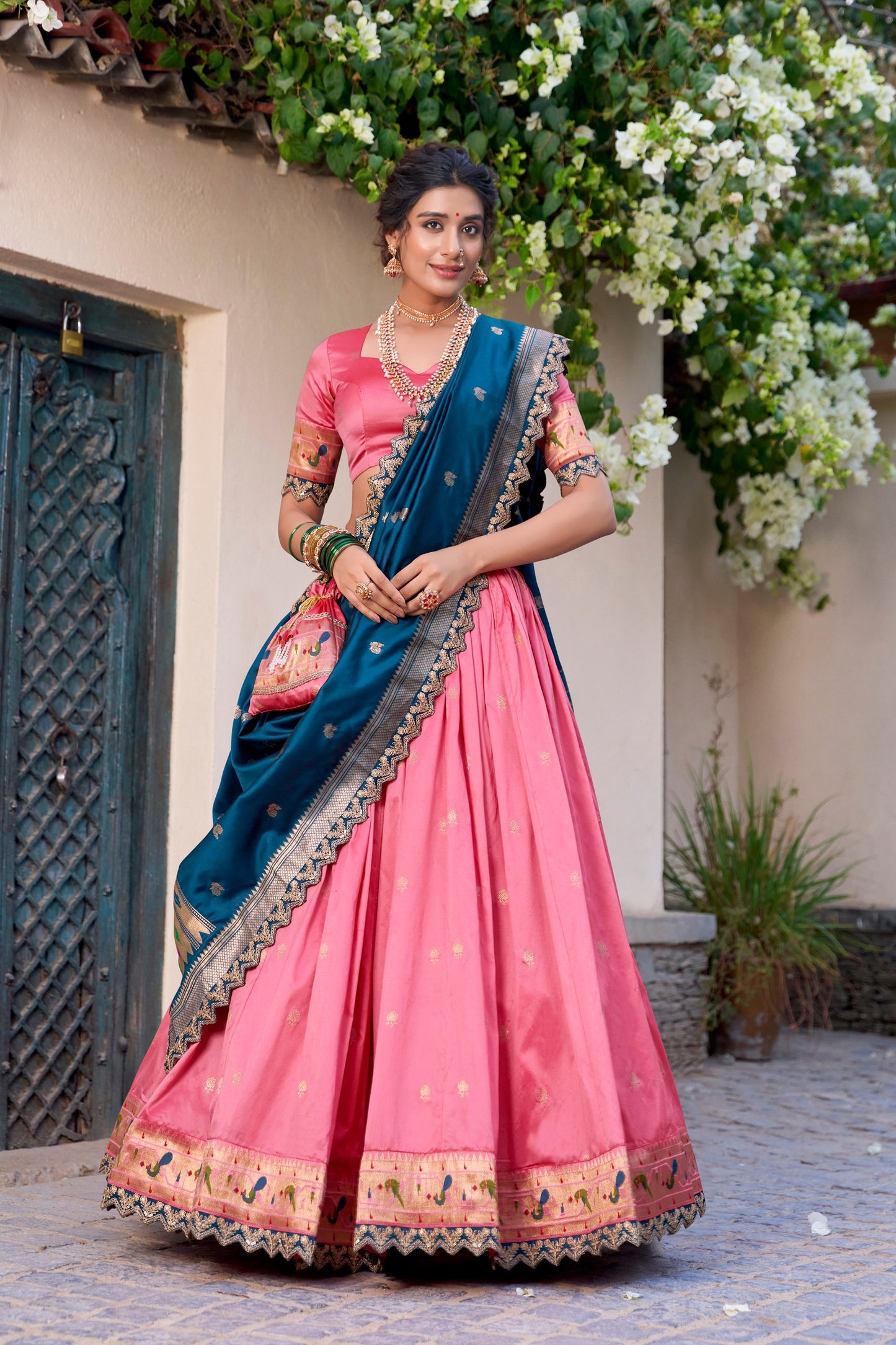 Paithani Jacquard Silk Lehenga Choli With Batwa, Drawstring & Tassels