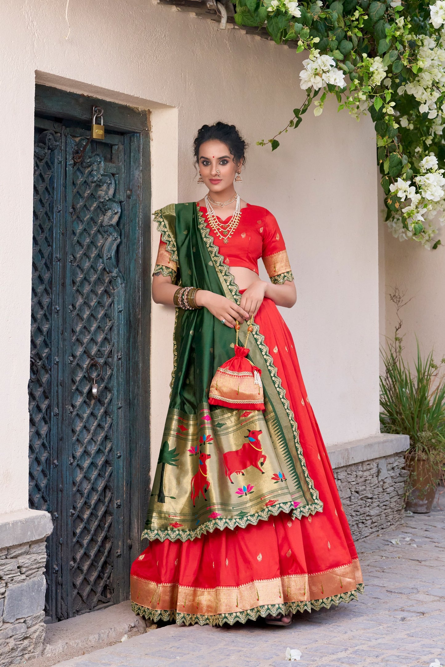 Paithani Jacquard Silk Lehenga Choli With Batwa, Drawstring & Tassels