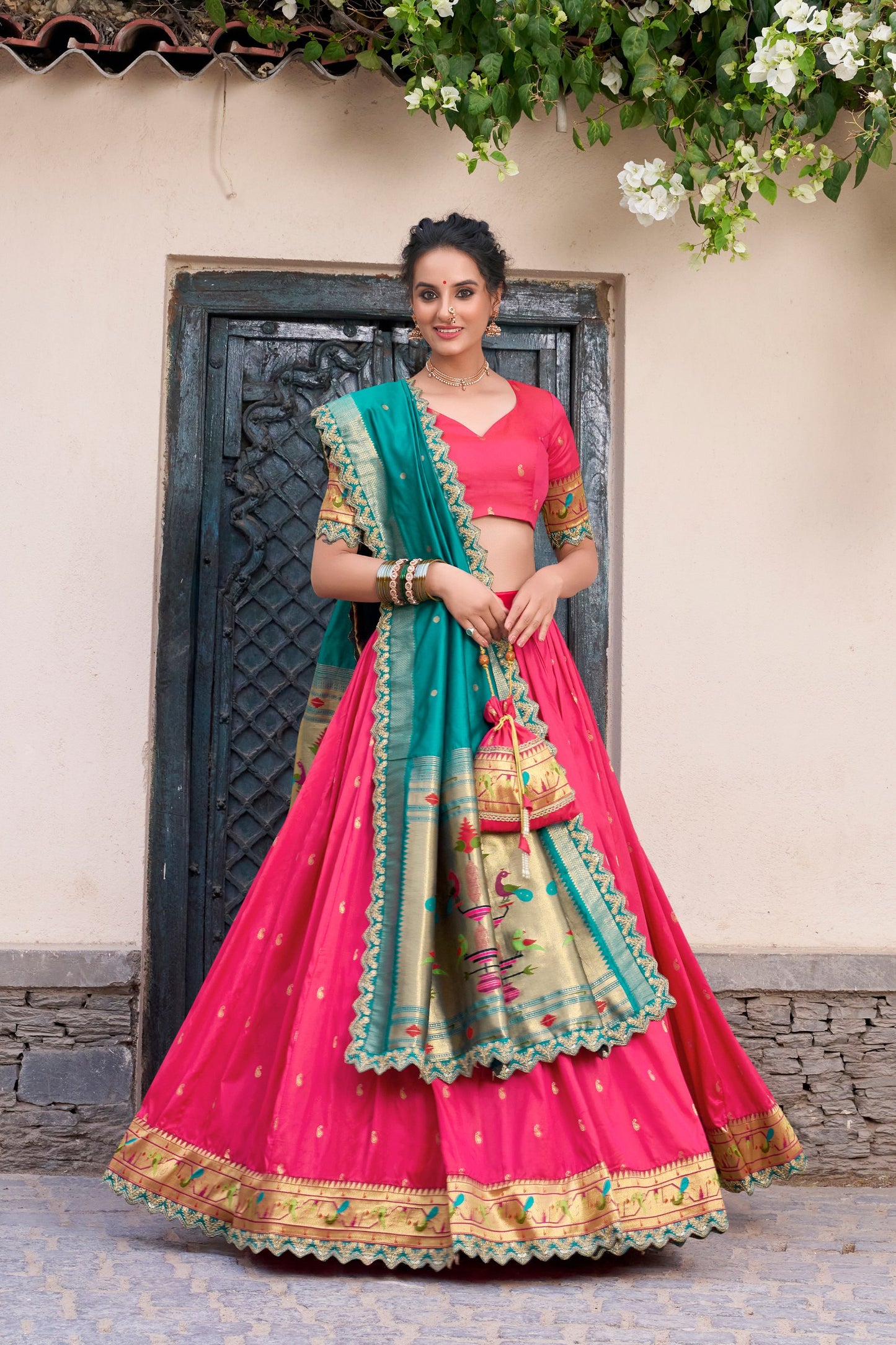Paithani Jacquard Silk Lehenga Choli With Batwa, Drawstring & Tassels