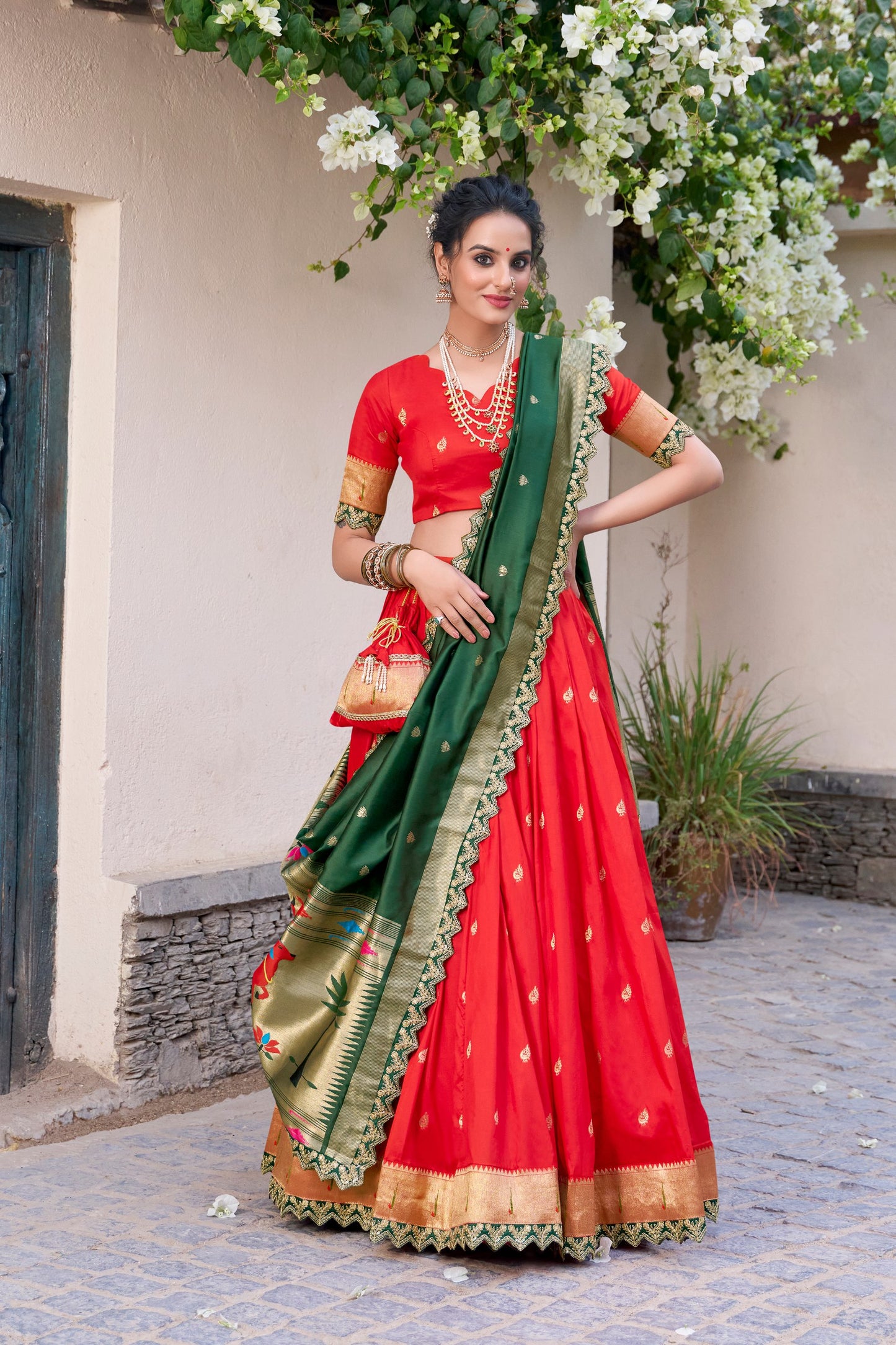 Paithani Jacquard Silk Lehenga Choli With Batwa, Drawstring & Tassels