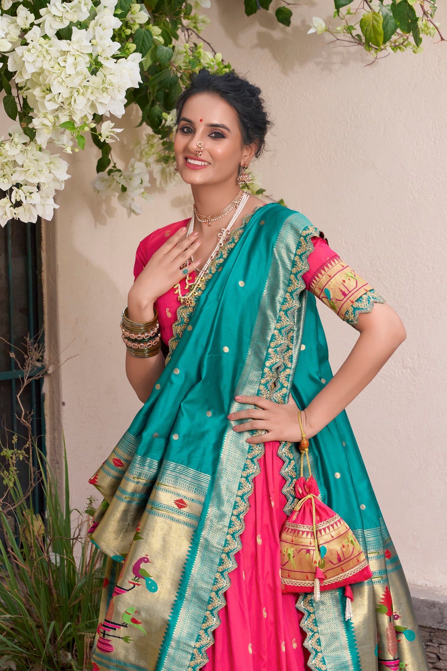 Paithani Jacquard Silk Lehenga Choli With Batwa, Drawstring & Tassels