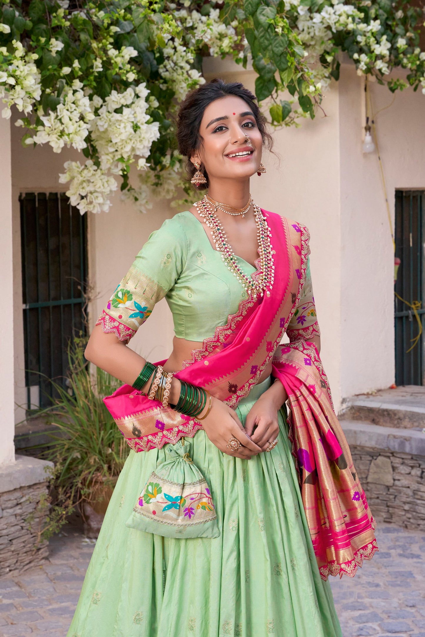 Paithani Jacquard Silk Lehenga Choli With Batwa, Drawstring & Tassels