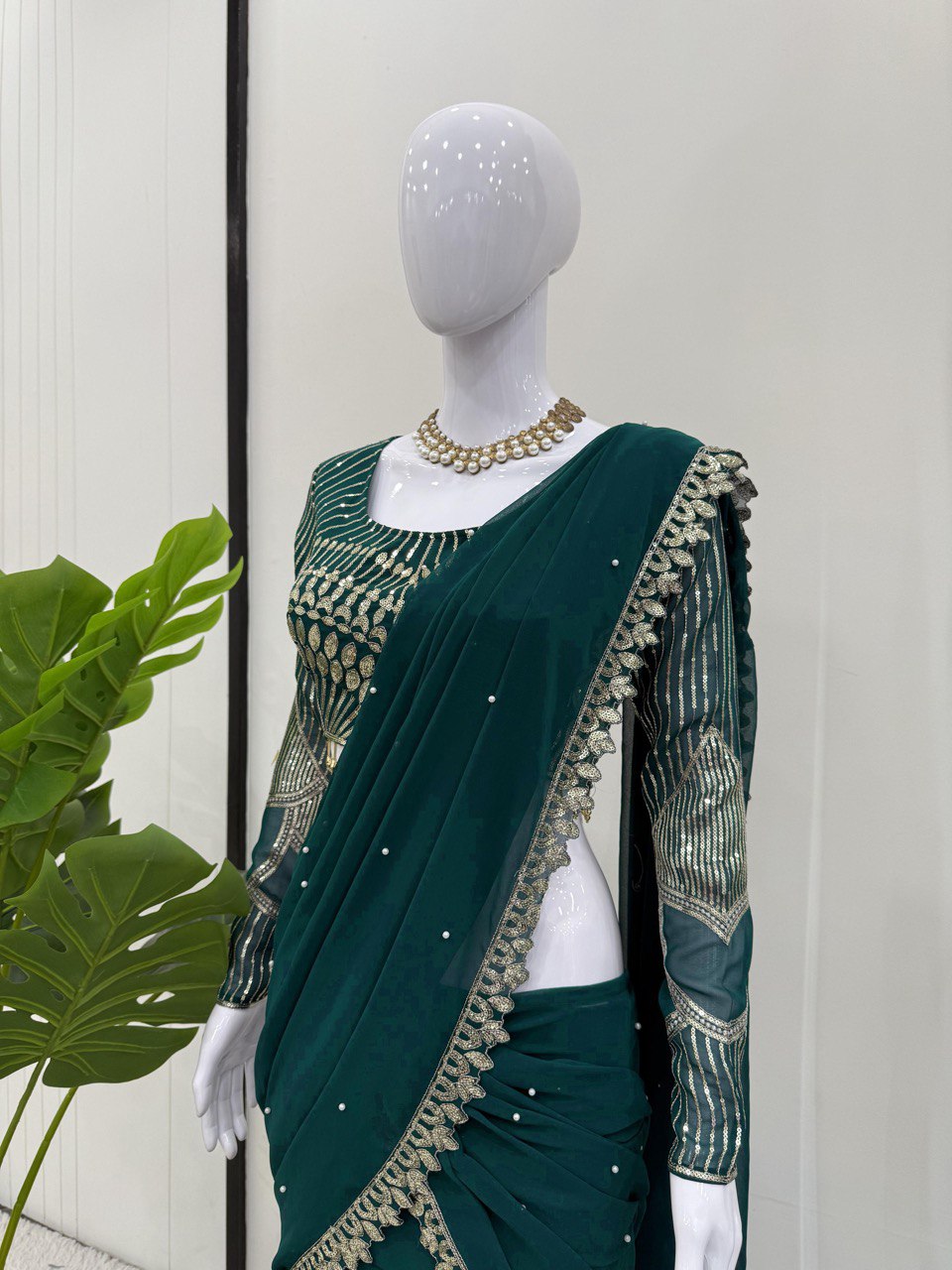 Dark Green Foux Gorgette Lehenga Saree