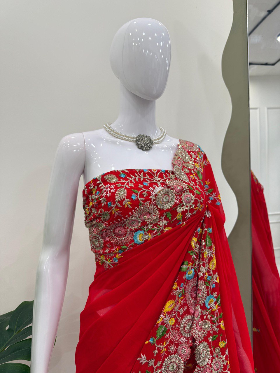 Charming Red Colour Faux Georgette Saree