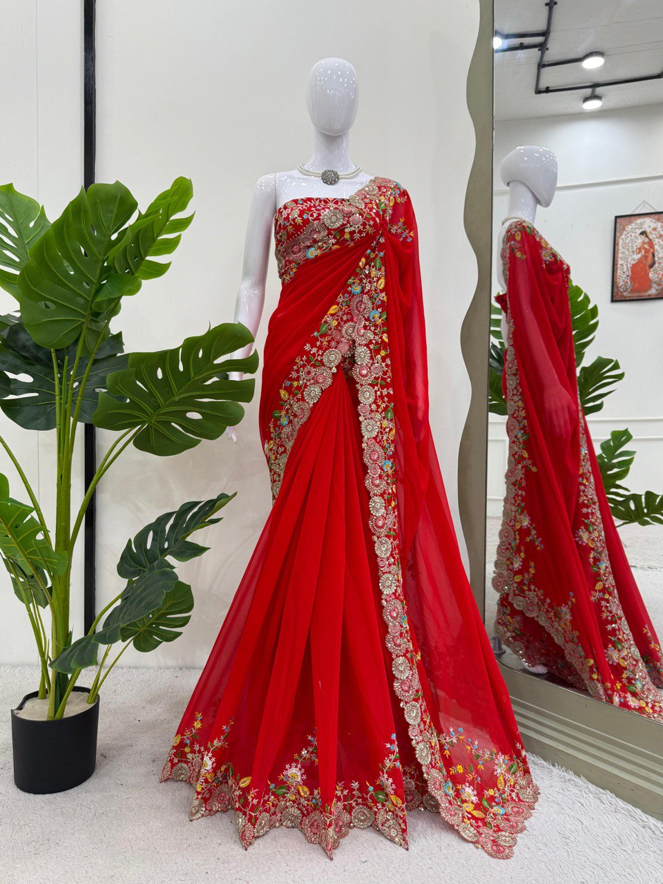 Charming Red Colour Faux Georgette Saree