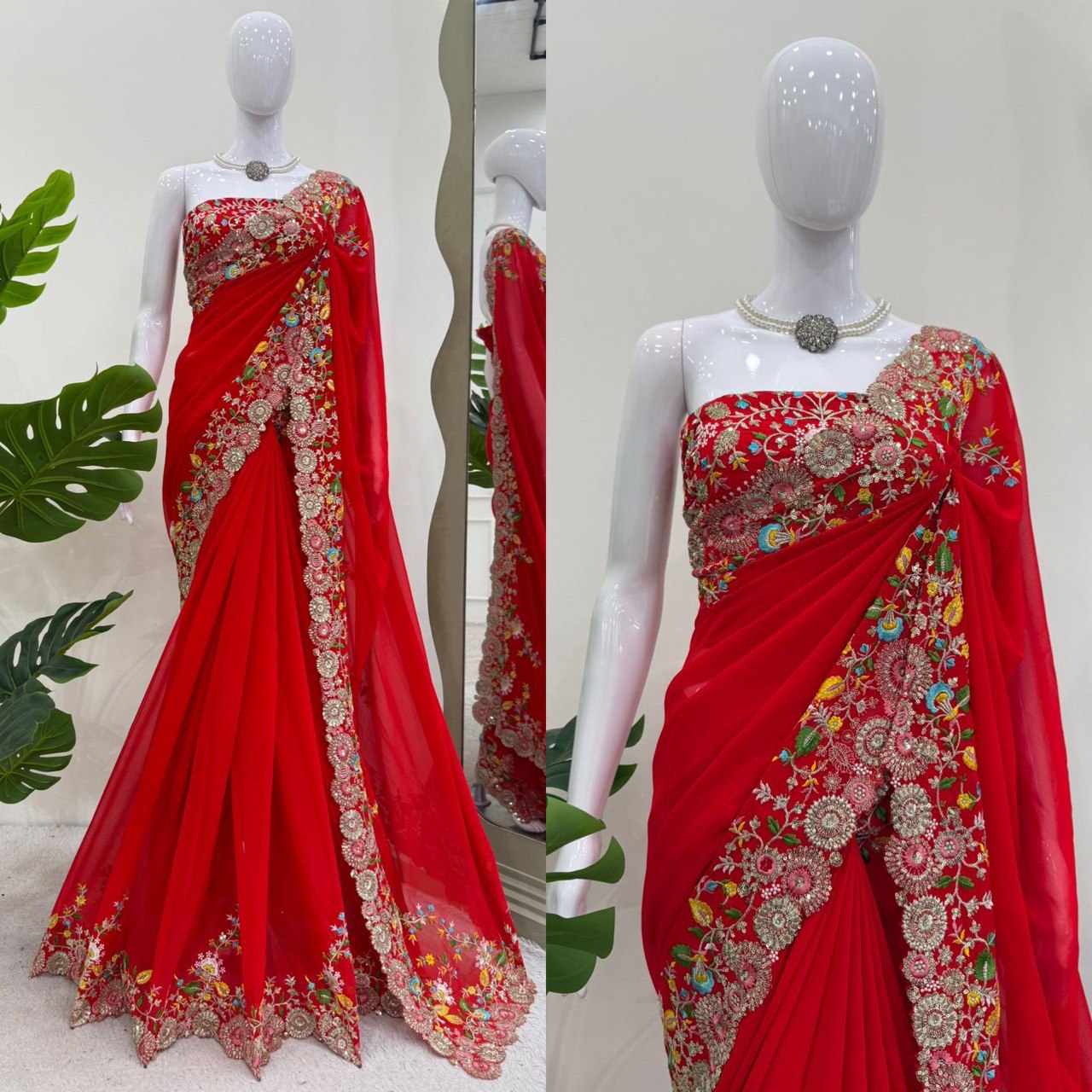 Charming Red Colour Faux Georgette Saree