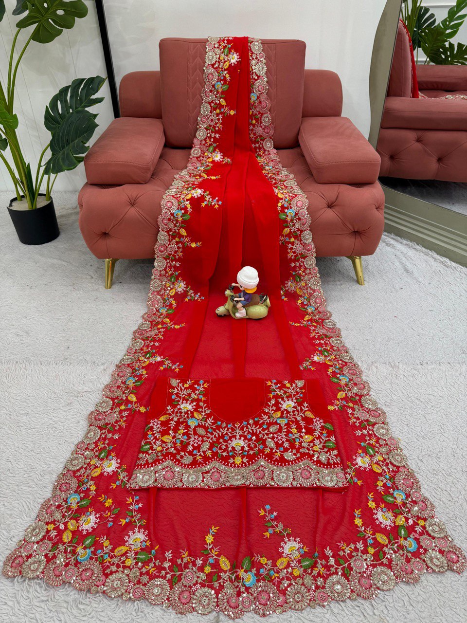Charming Red Colour Faux Georgette Saree