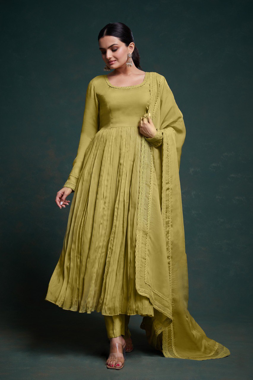 Organza Silk Green Colour Stiched Gown With Duppta