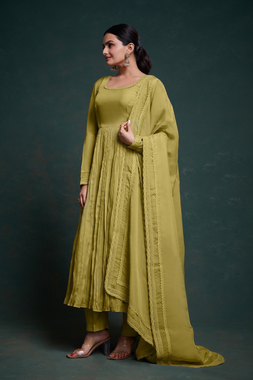 Organza Silk Green Colour Stiched Gown With Duppta