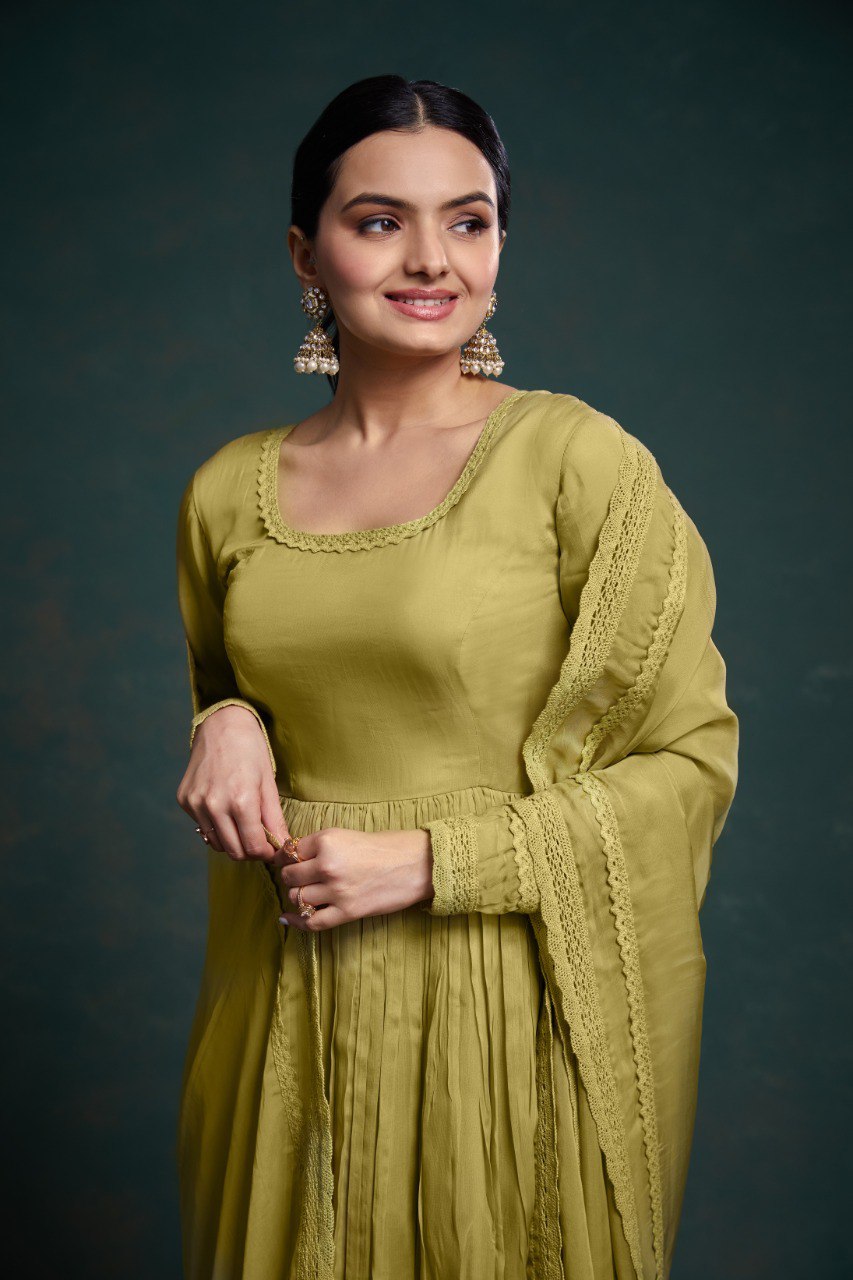 Organza Silk Green Colour Stiched Gown With Duppta