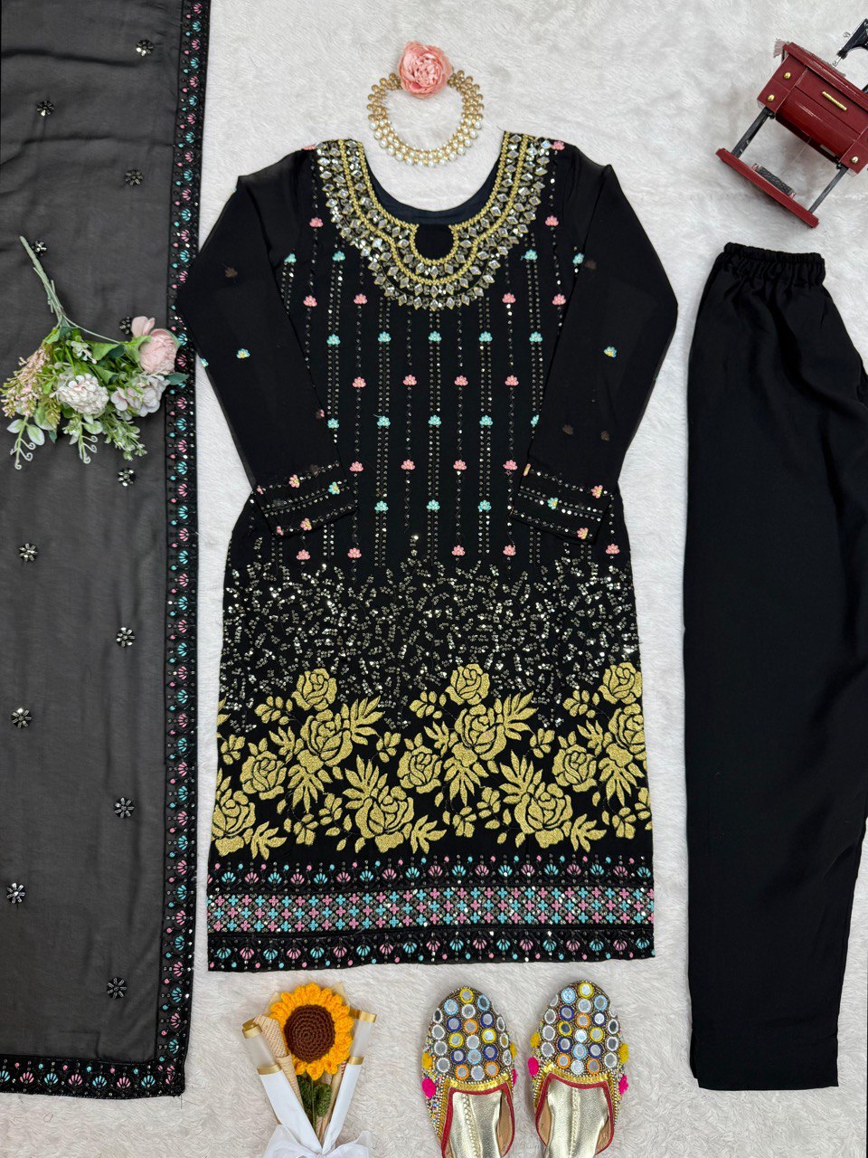 Heavy Georgette Embroidary Worked Straight Cut Suit