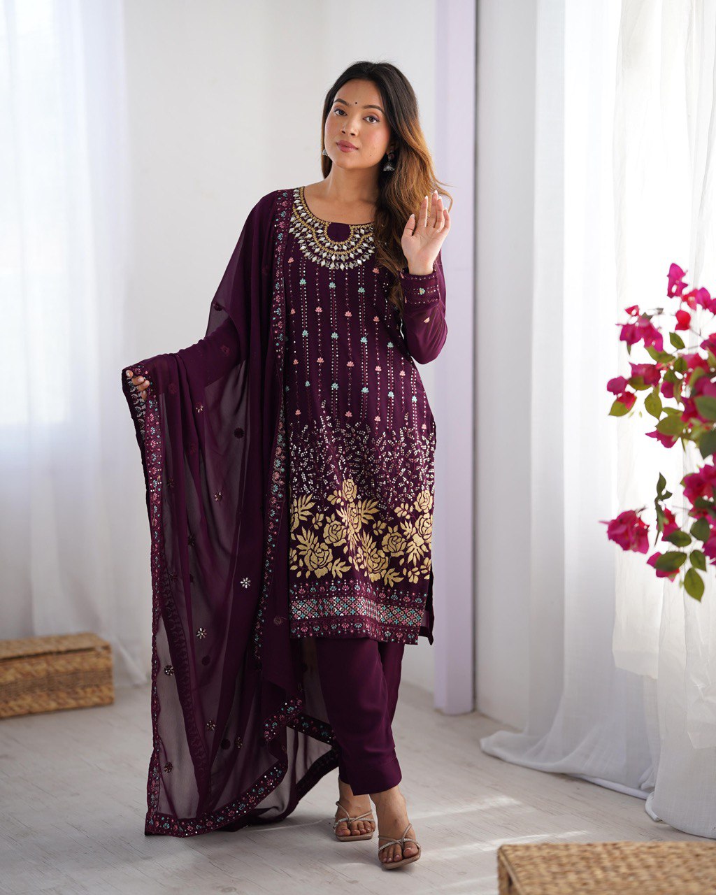 Heavy Georgette Embroidary Worked Straight Cut Suit