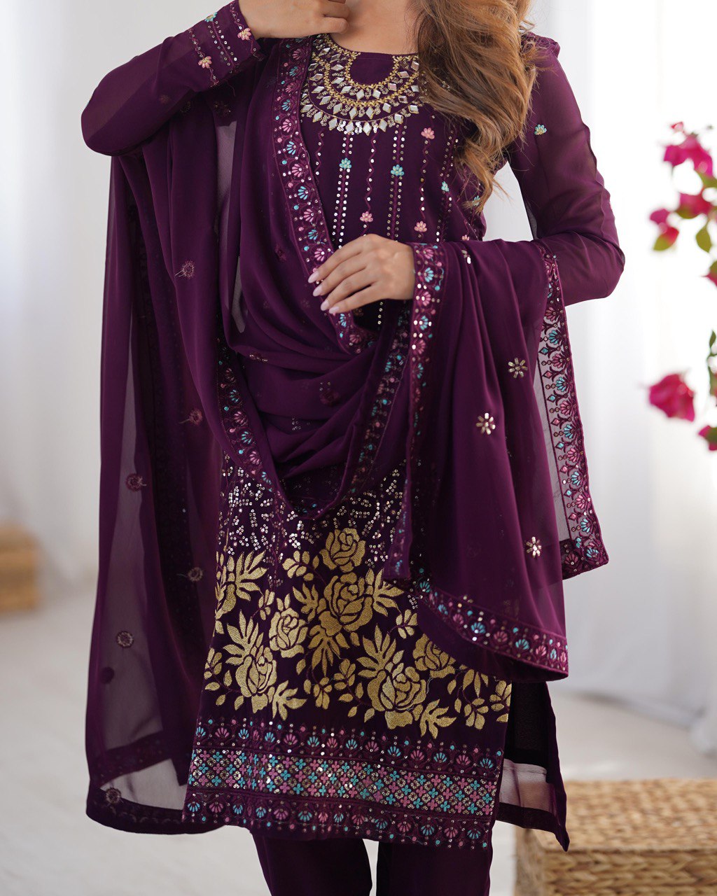 Heavy Georgette Embroidary Worked Straight Cut Suit