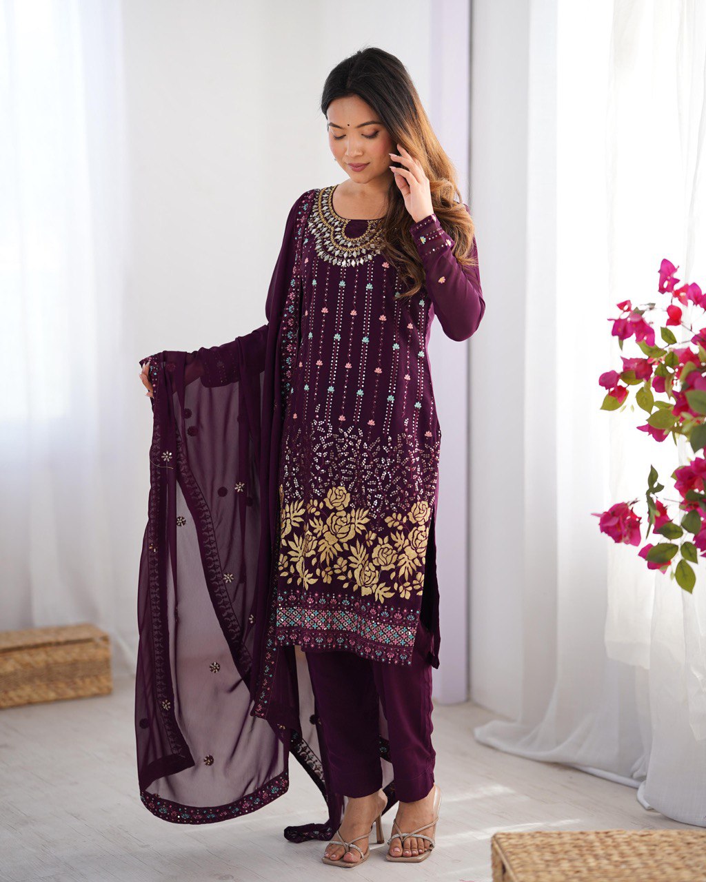 Heavy Georgette Embroidary Worked Straight Cut Suit