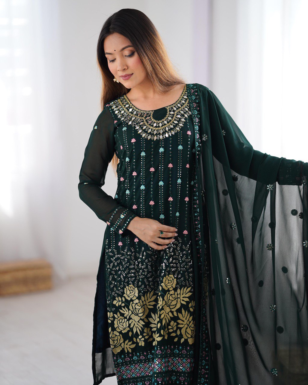 Heavy Georgette Embroidary Worked Straight Cut Suit