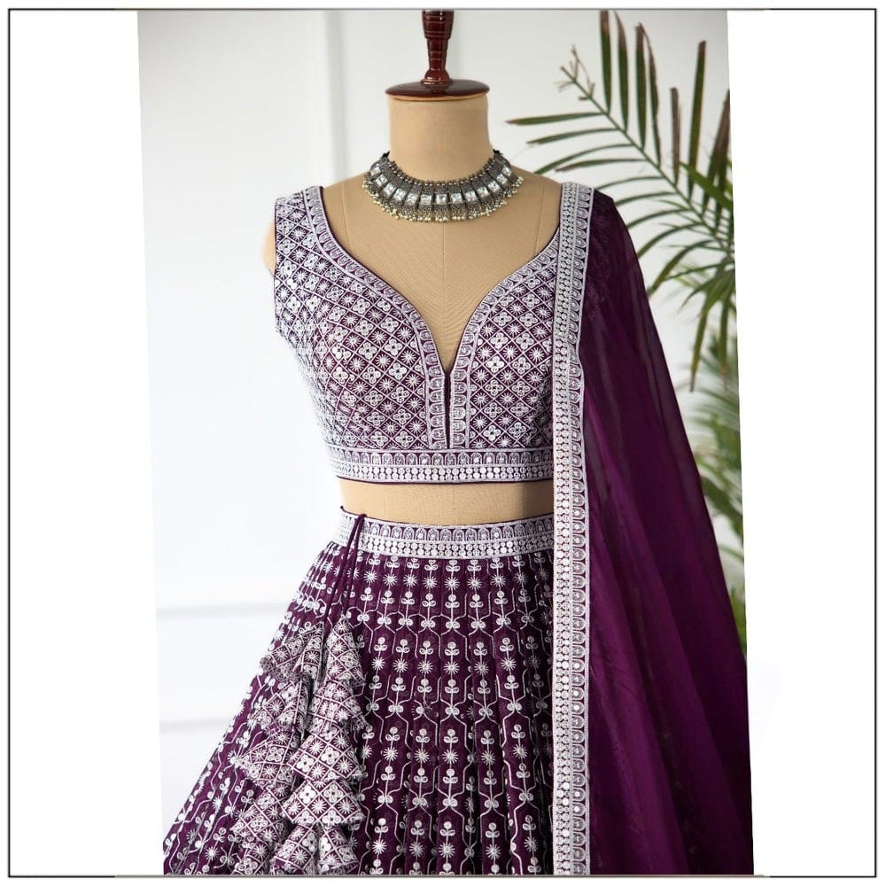 Wine Colour Embroidary And Sequence Worked Designer Lehenga Choli