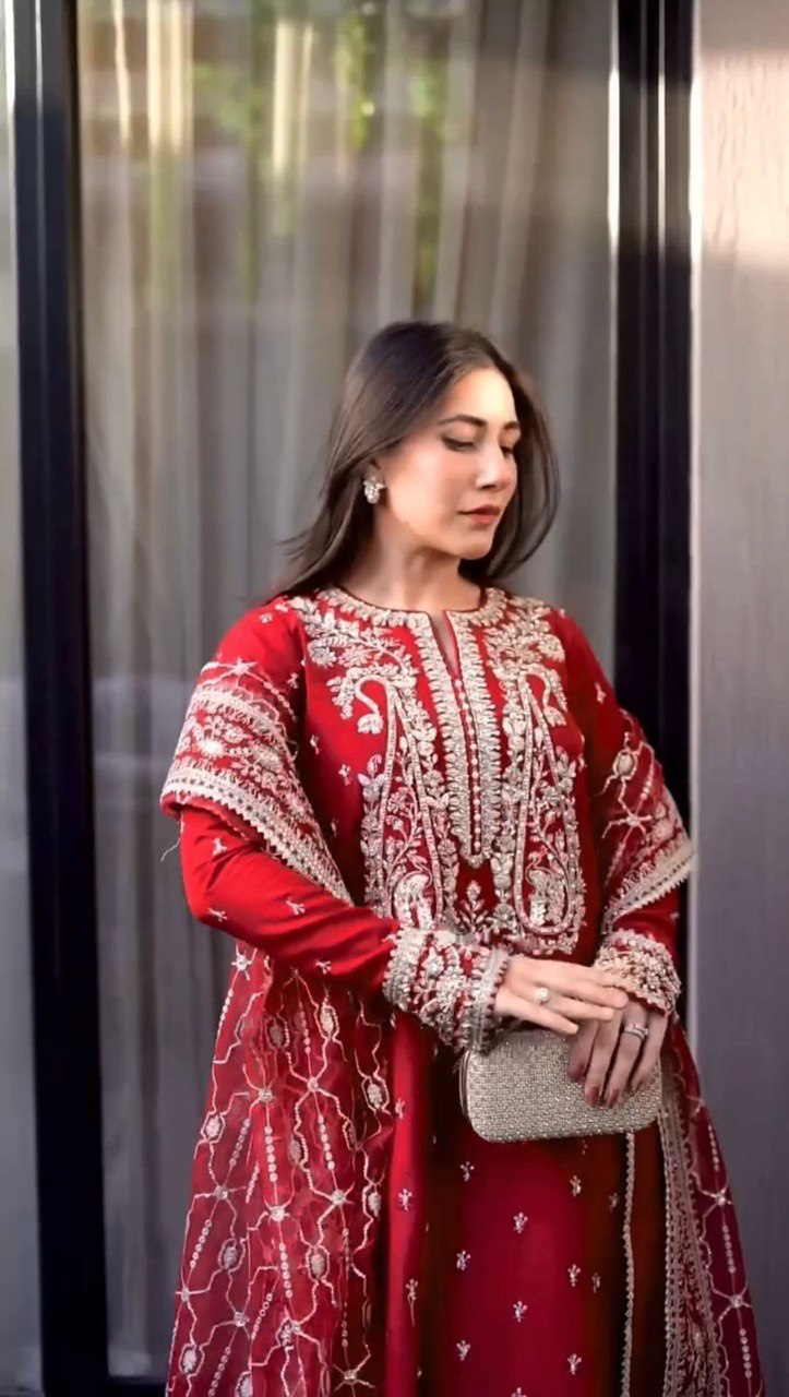 Red Colour Roman Silk Plazo Suit With Dupatta