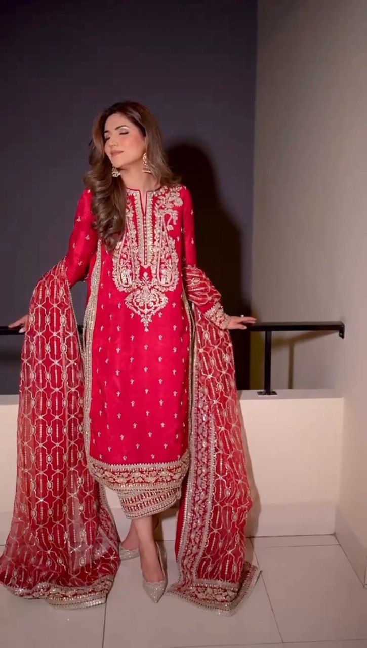 Red Colour Roman Silk Plazo Suit With Dupatta
