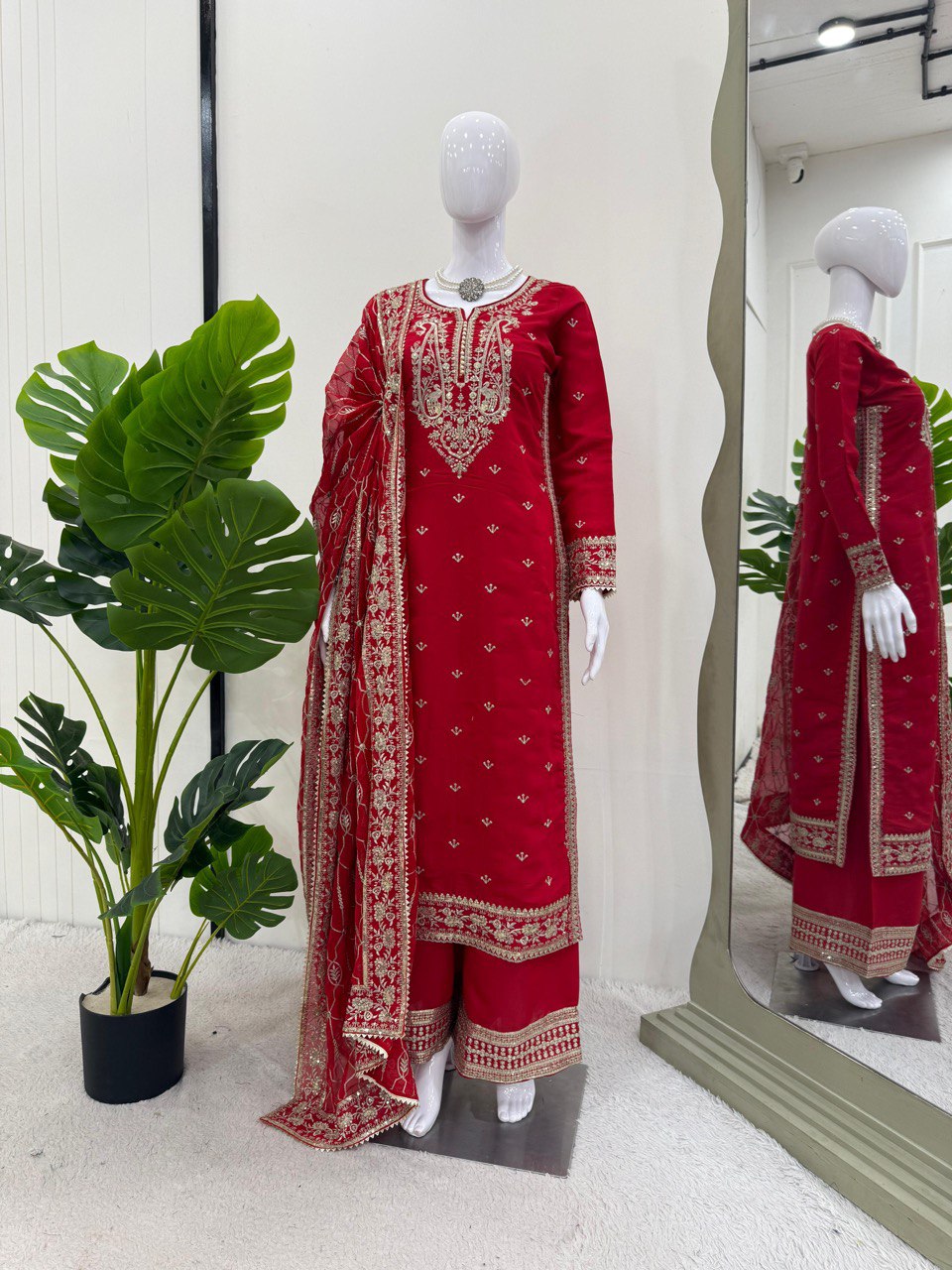 Red Colour Roman Silk Plazo Suit With Dupatta