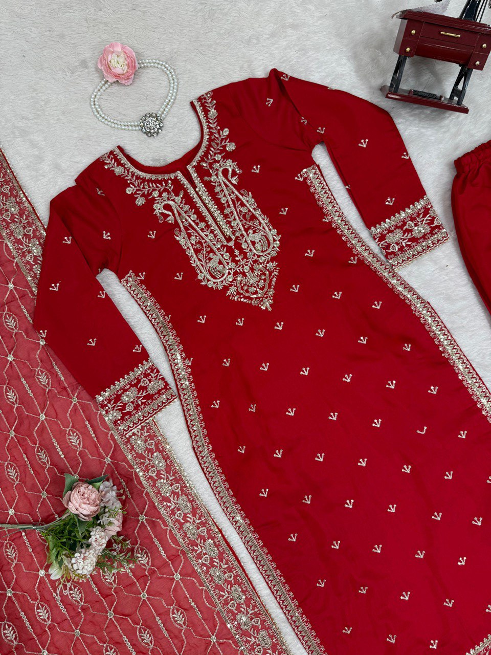 Red Colour Roman Silk Plazo Suit With Dupatta