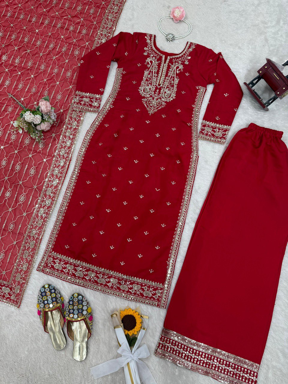 Red Colour Roman Silk Plazo Suit With Dupatta