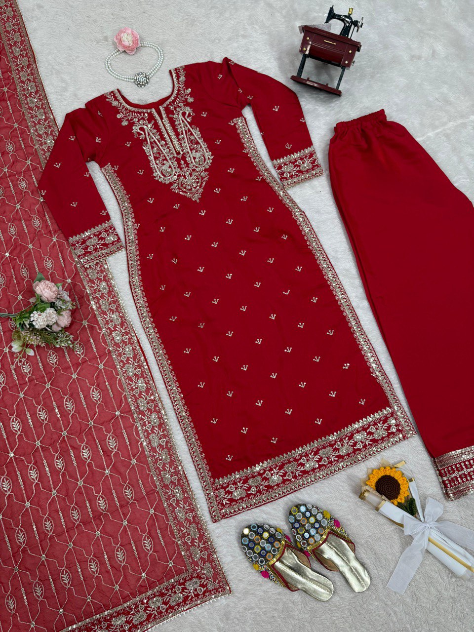 Red Colour Roman Silk Plazo Suit With Dupatta