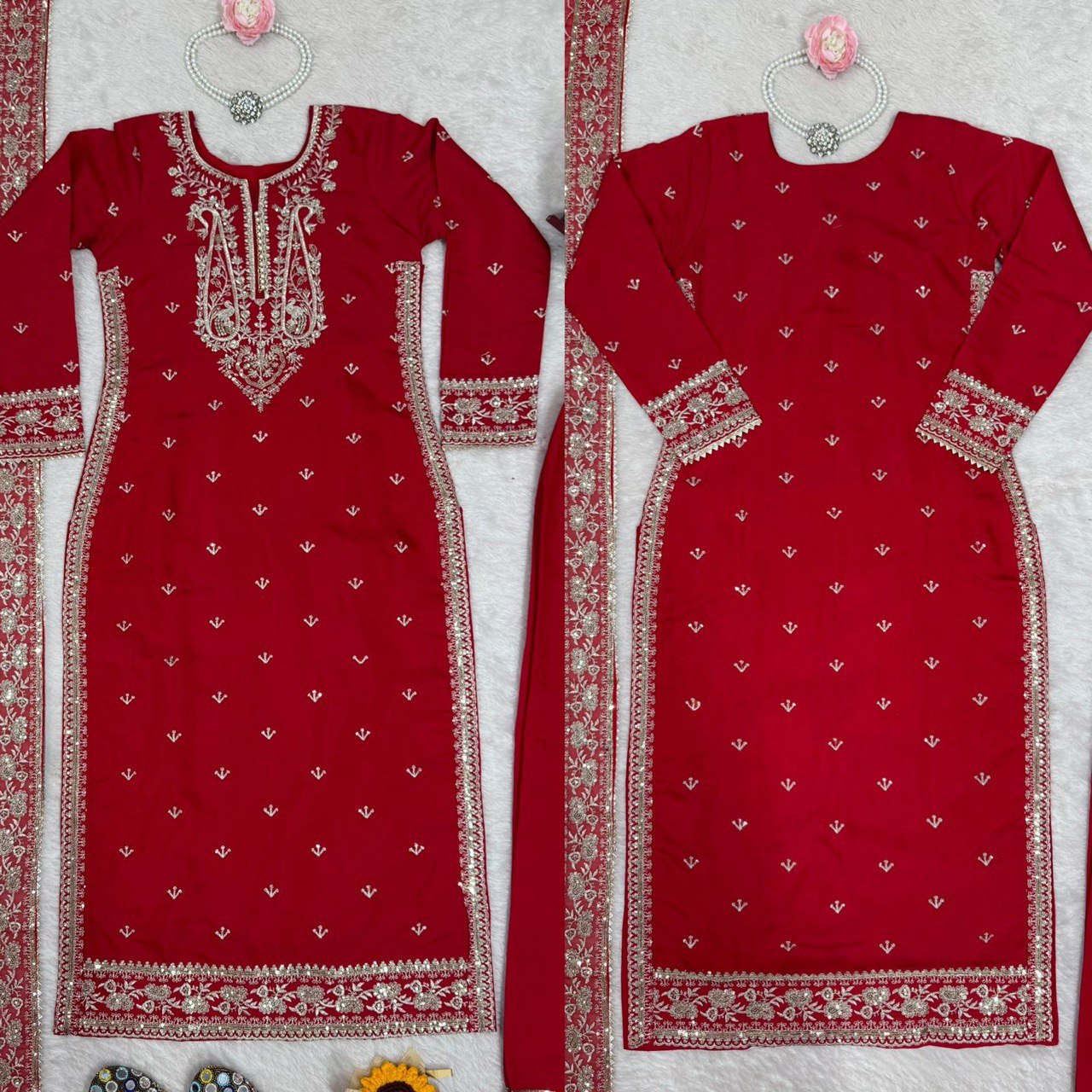 Red Colour Roman Silk Plazo Suit With Dupatta