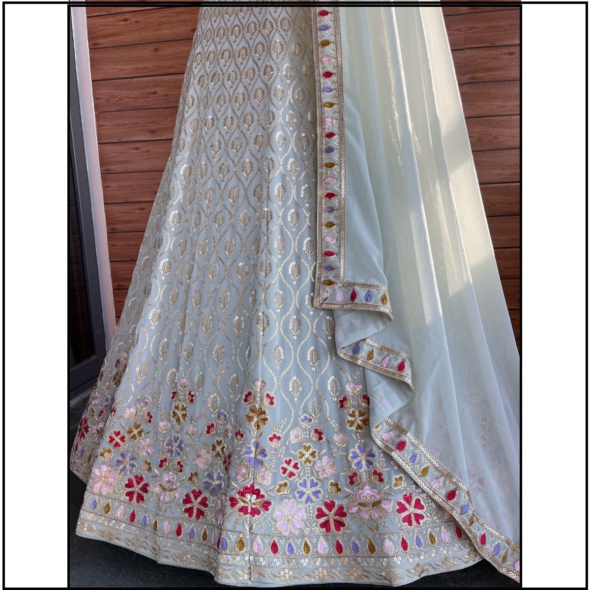 Sky Color Embroidary Sequence Worked Lehenga For Wedding Function
