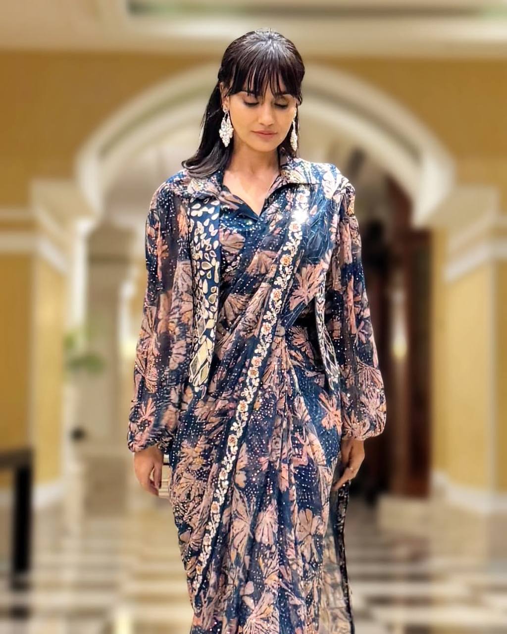 Trending Indo-western Ready To Wear Saree With Fully Embroidered Mirror Work Koti