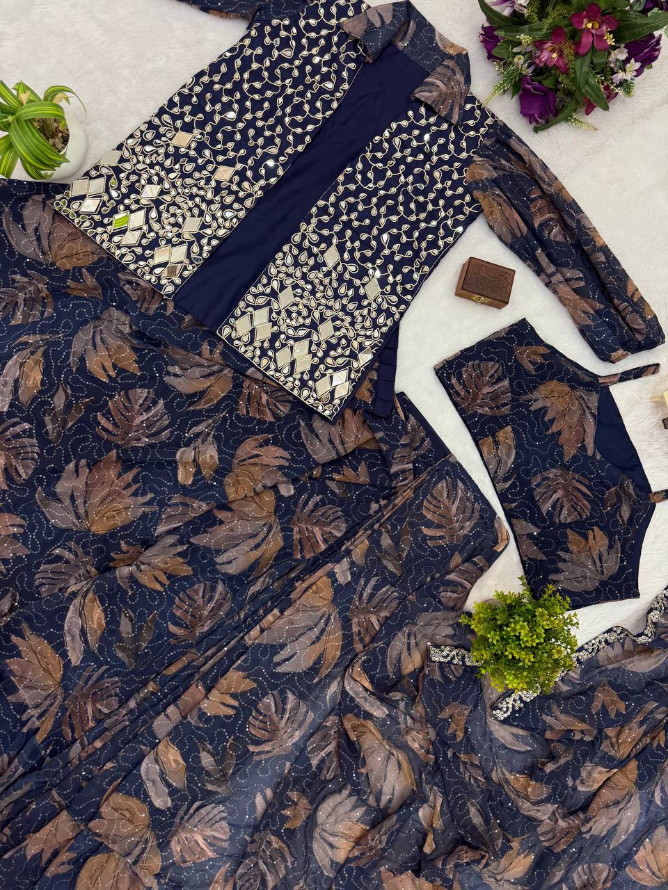Trending Indo-western Ready To Wear Saree With Fully Embroidered Mirror Work Koti