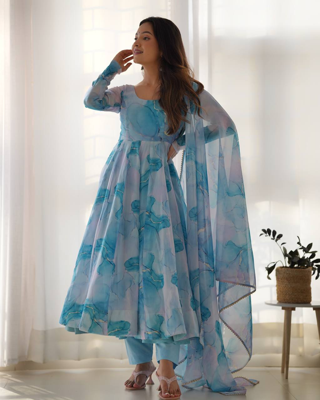 Digital Printed Organza Anarkali Dress Fully Stiched