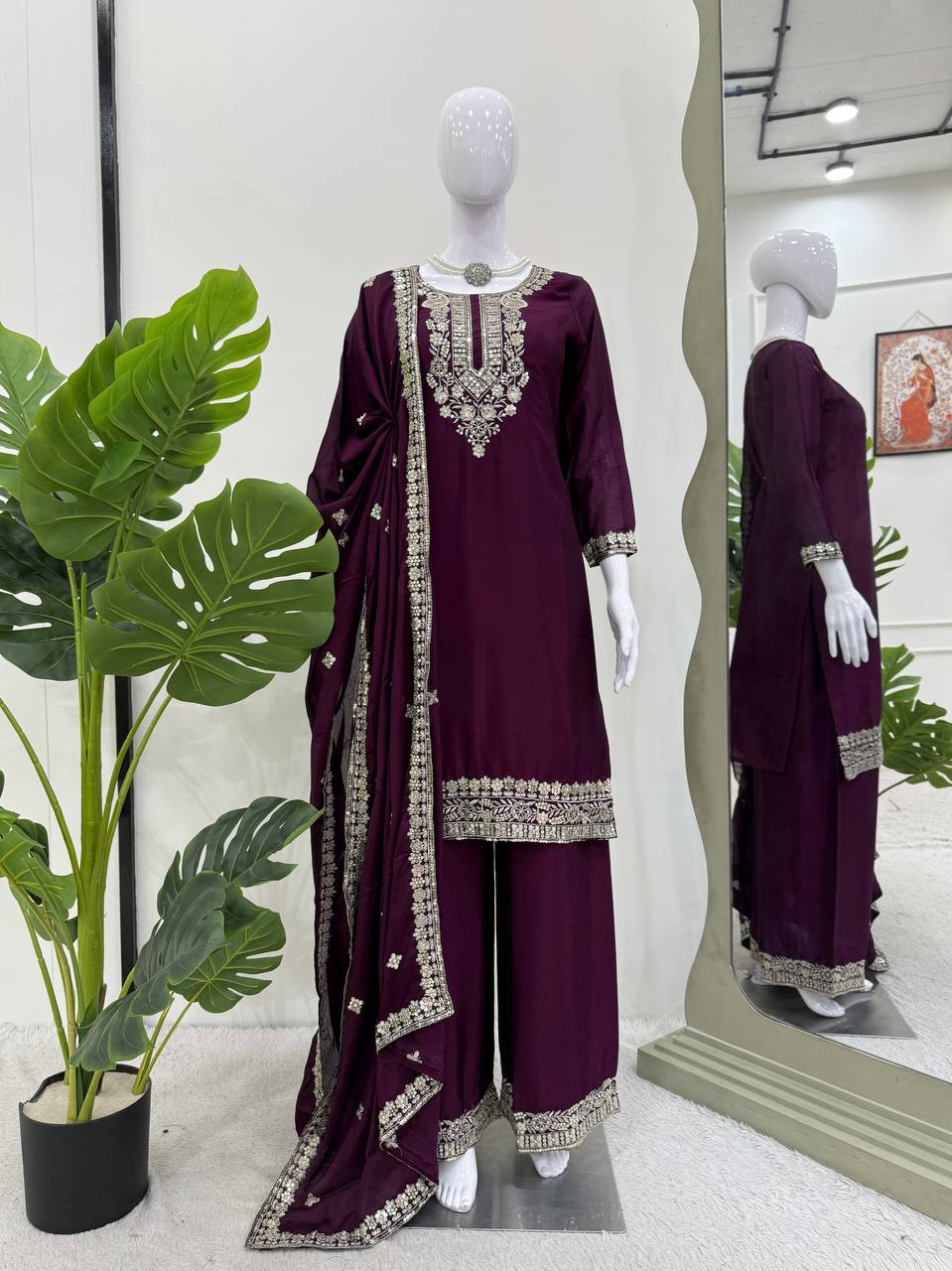 Wine Colour Chinon Silk Plazo Suit With Dupatta
