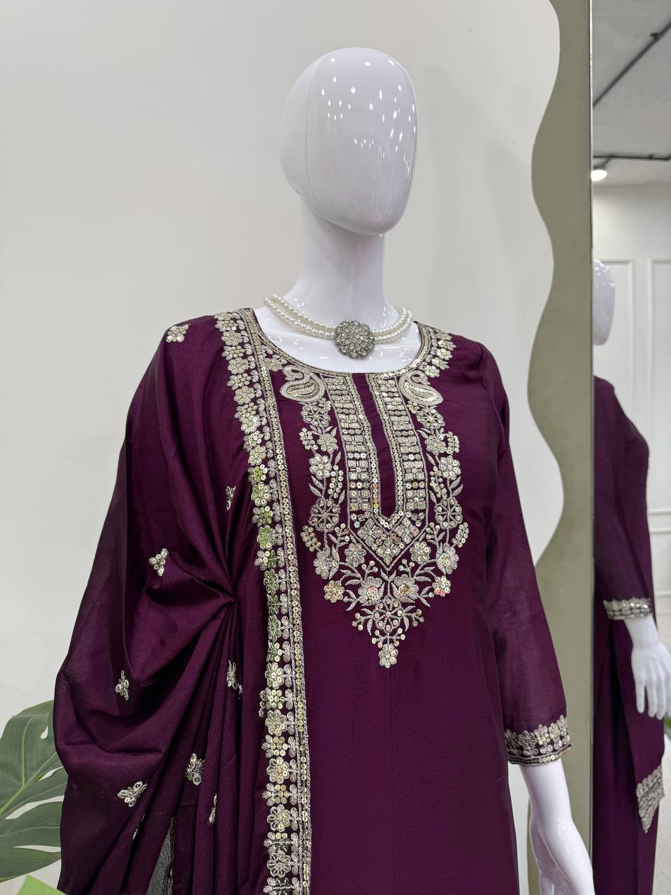 Wine Colour Chinon Silk Plazo Suit With Dupatta