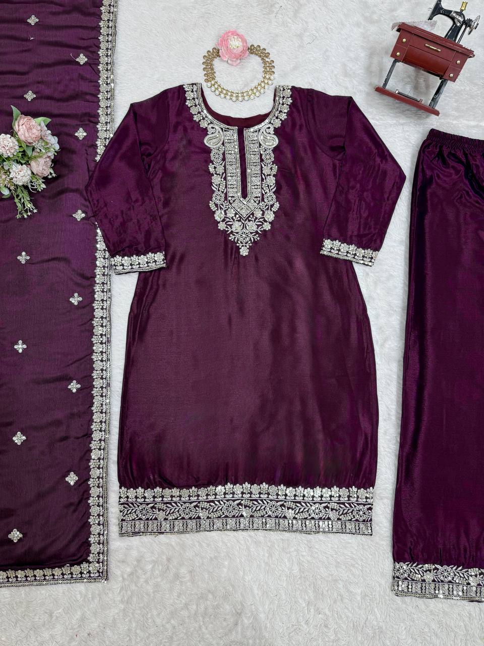 Wine Colour Chinon Silk Plazo Suit With Dupatta