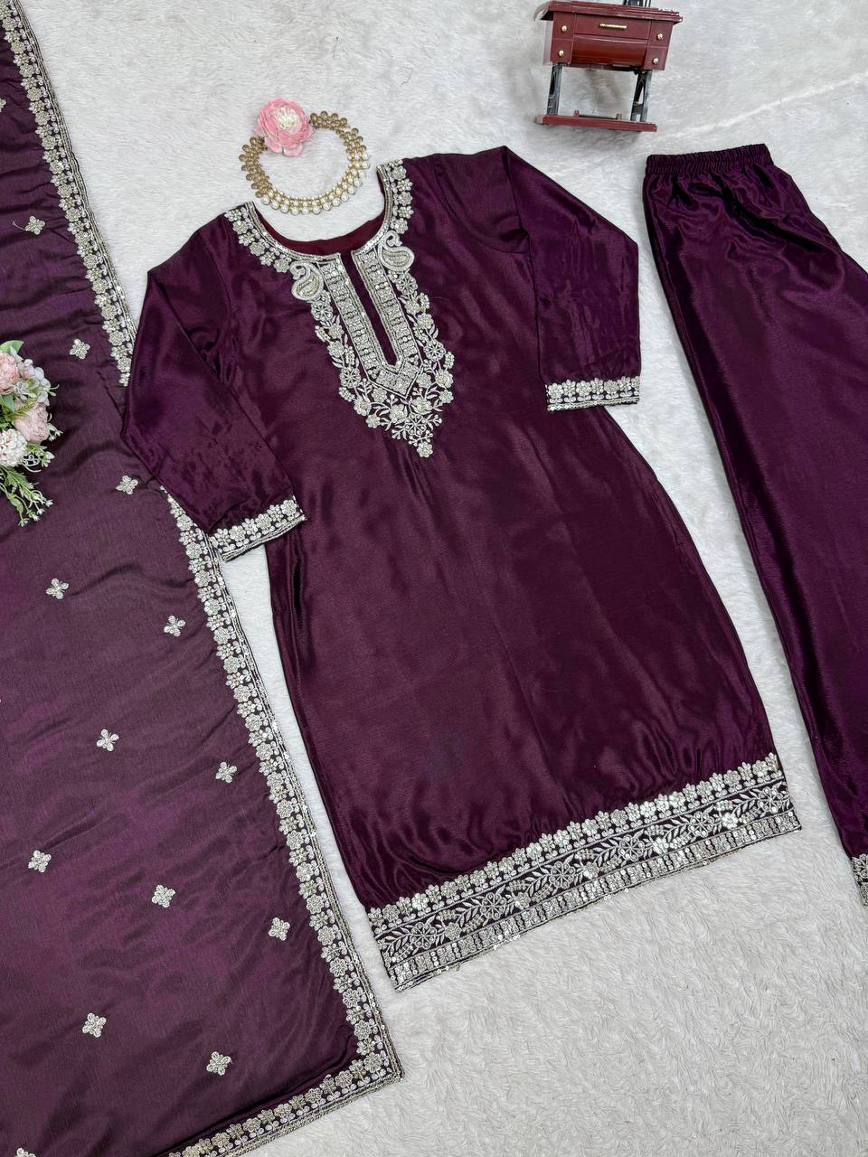 Wine Colour Chinon Silk Plazo Suit With Dupatta