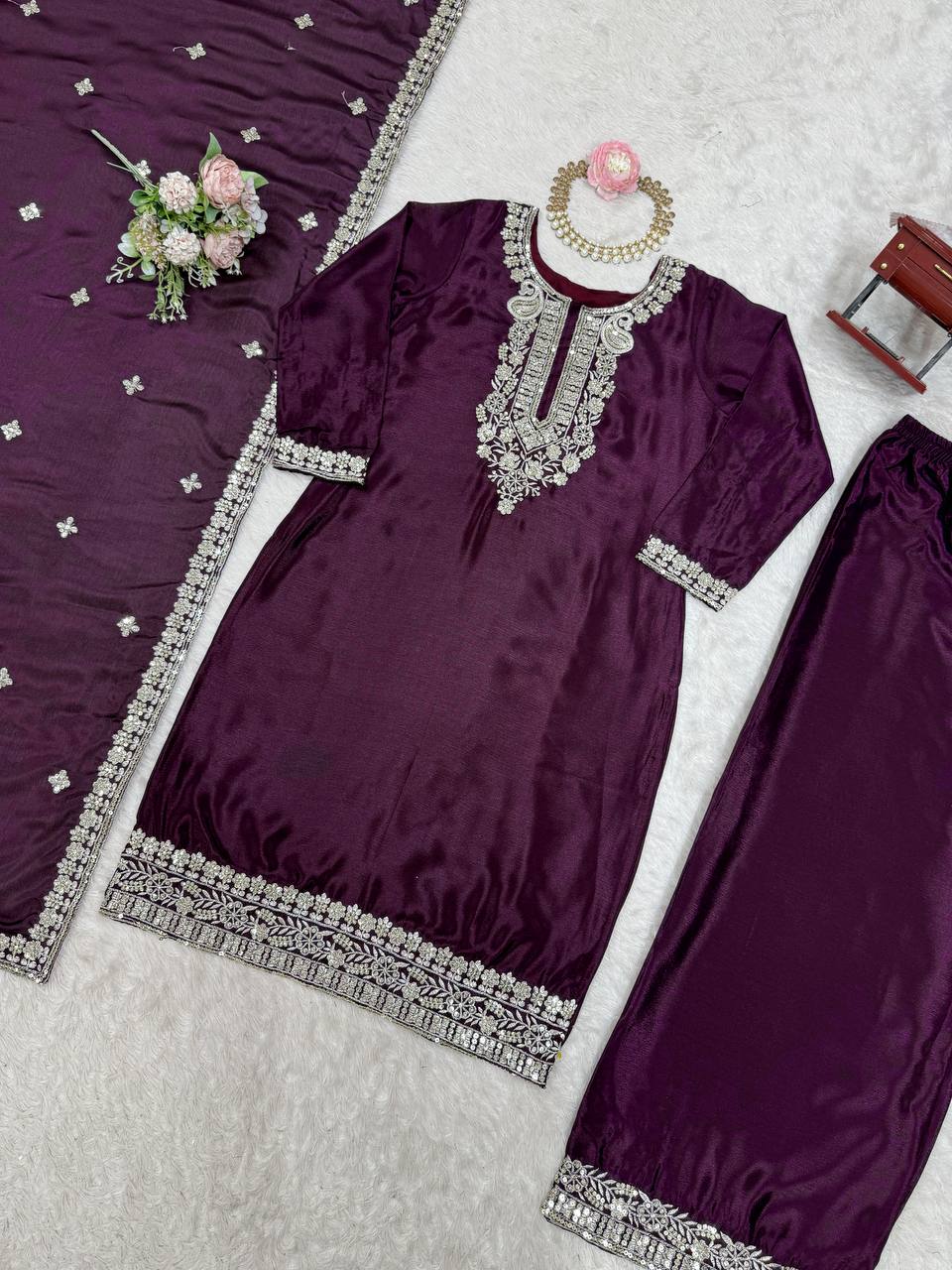 Wine Colour Chinon Silk Plazo Suit With Dupatta