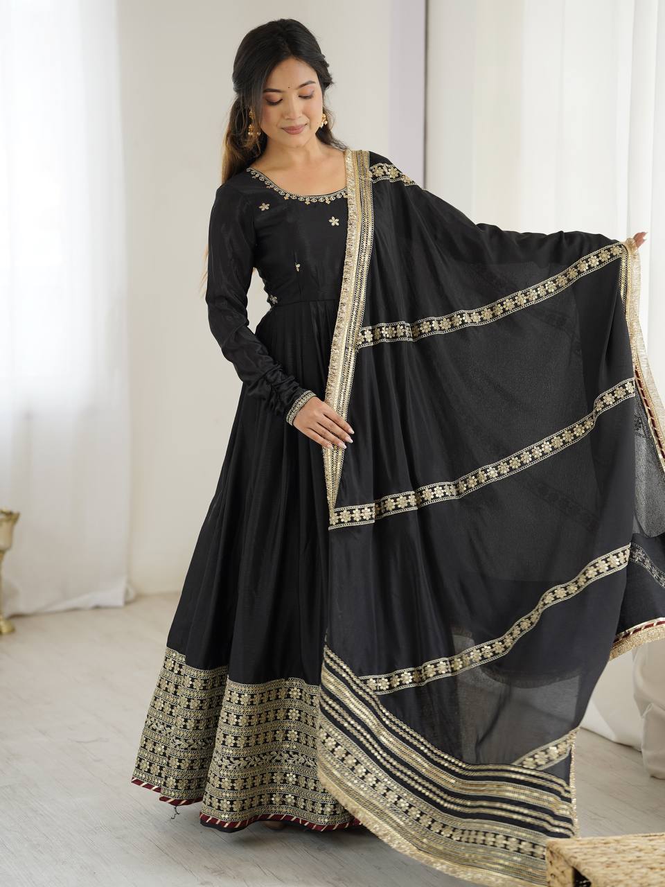 Black Color Ready to Wear Silk Gown