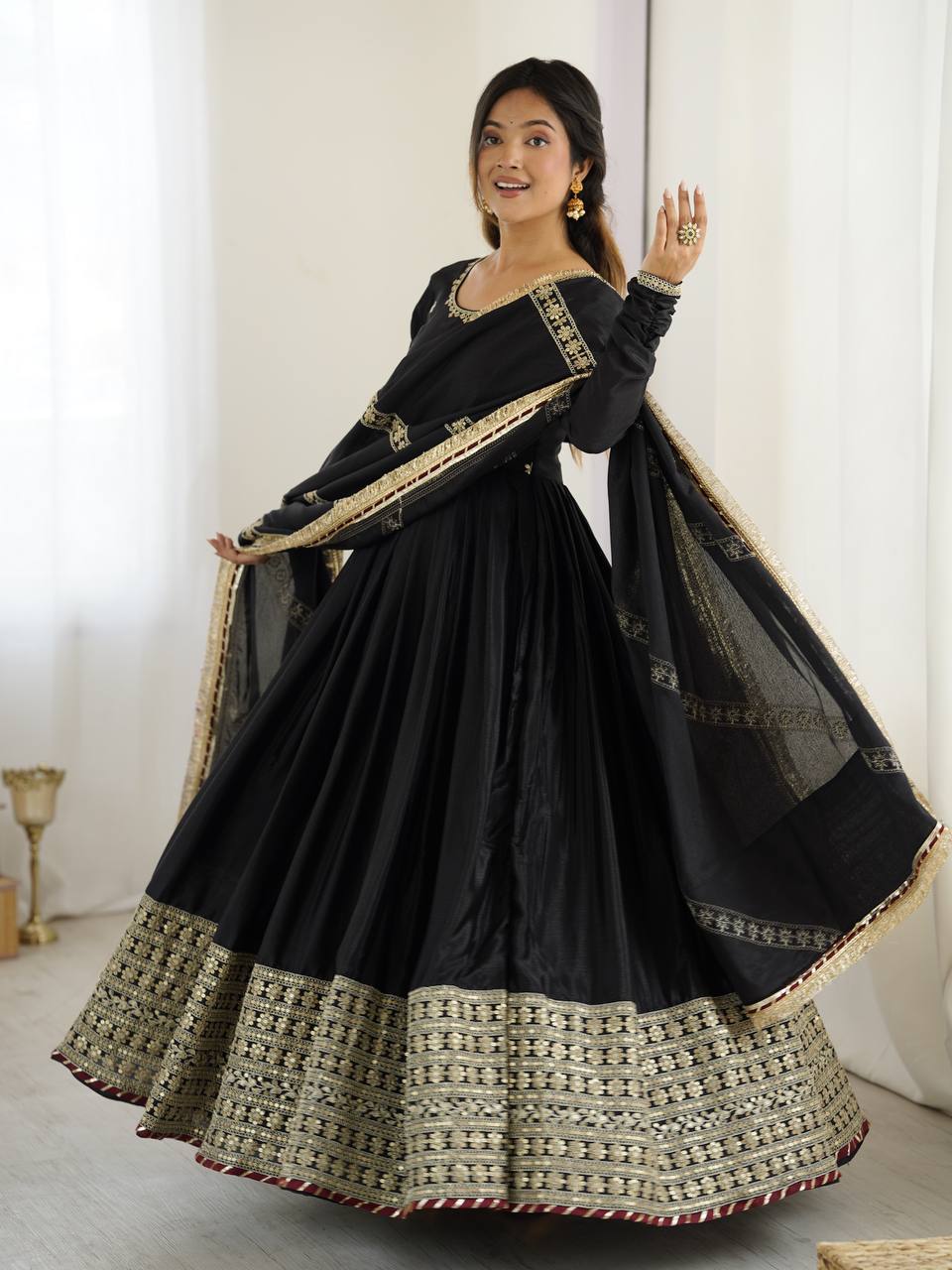 Black Color Ready to Wear Silk Gown