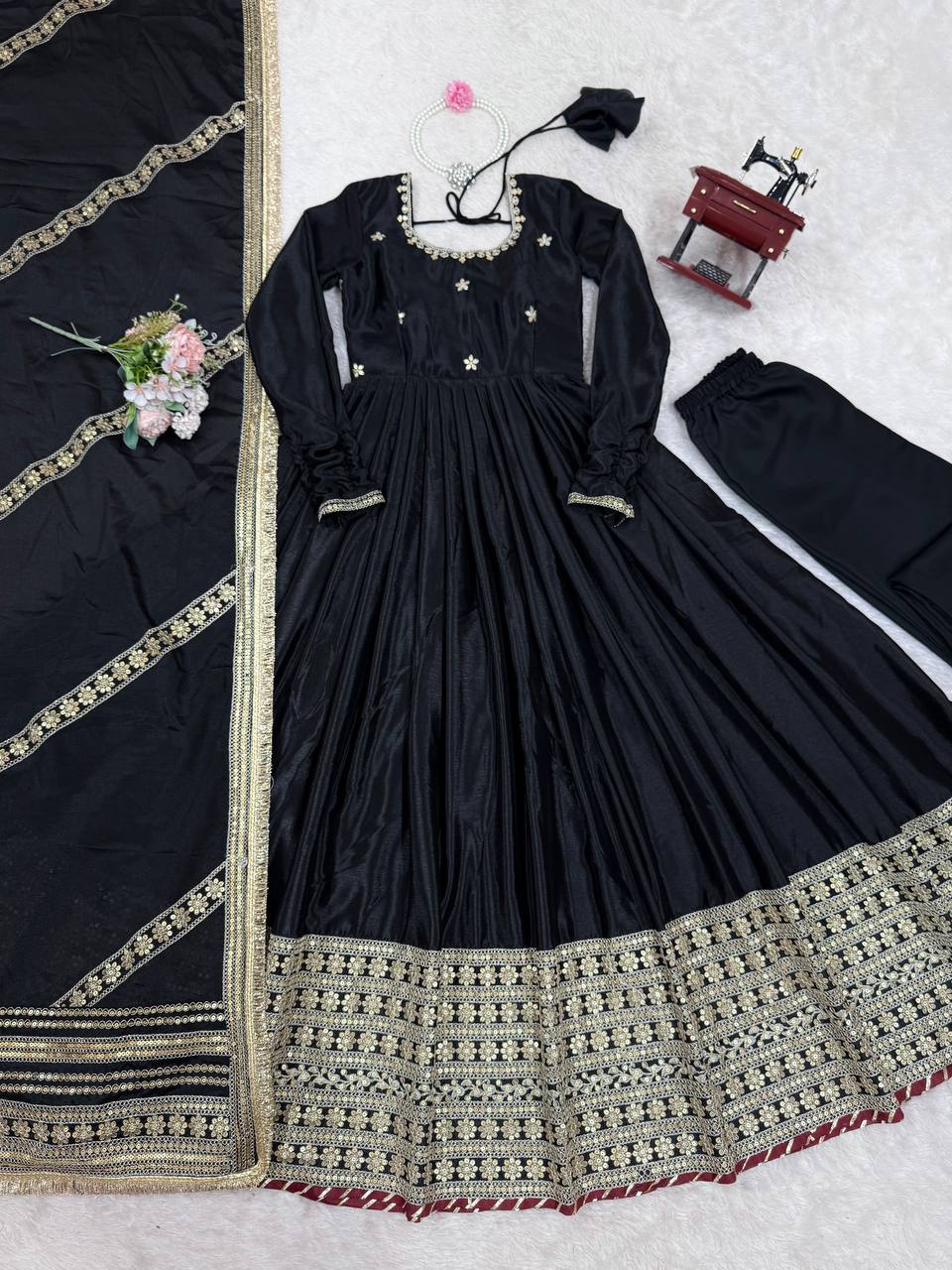 Black Color Ready to Wear Silk Gown