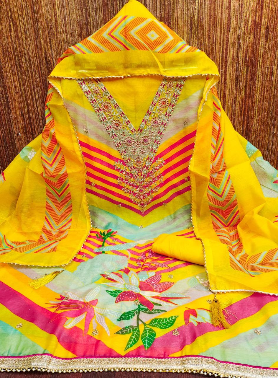 Soft Chanderi Febric Print And Embroidary Work Salwar Suit For Women