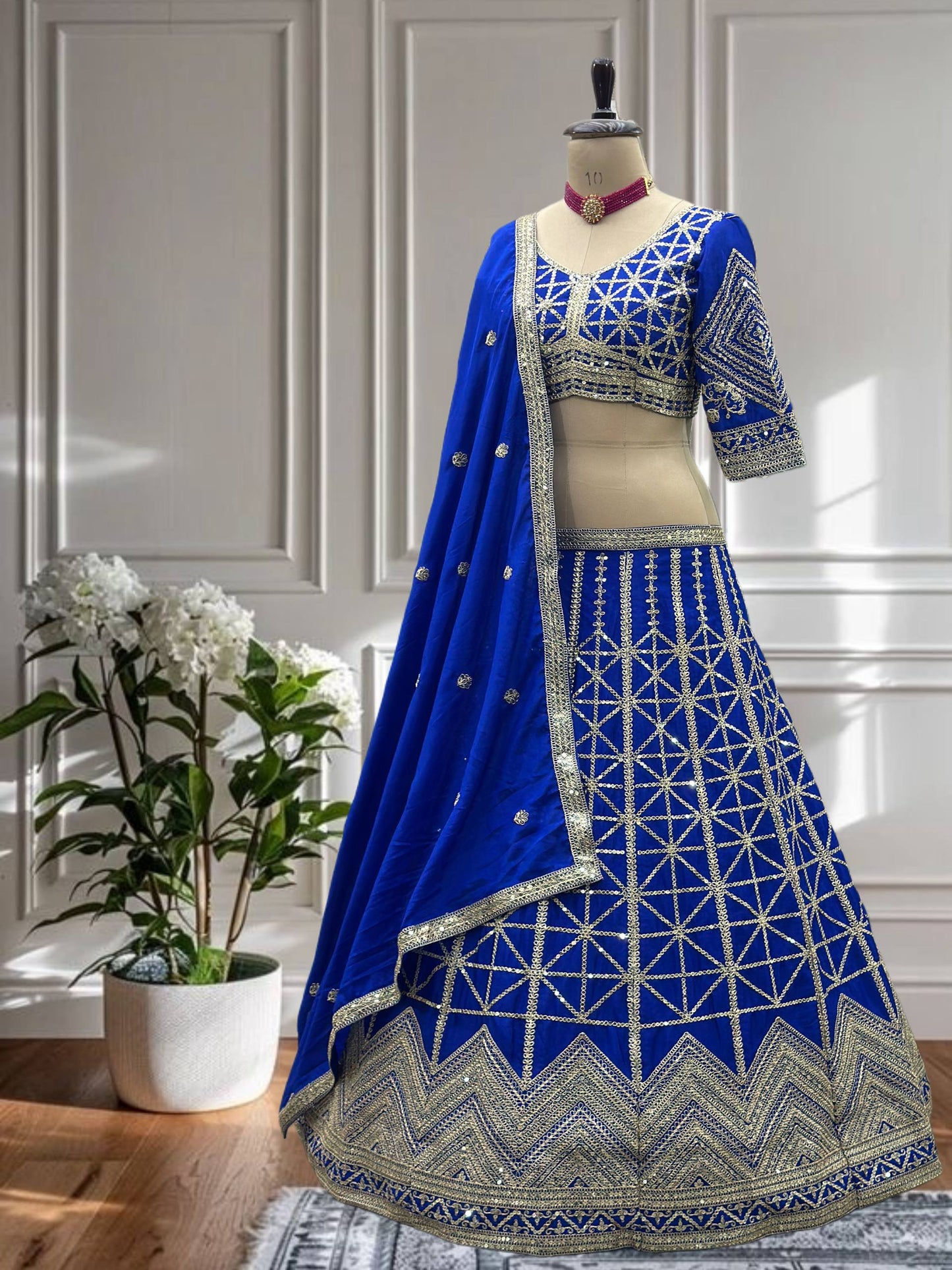 Royal Blue Chinon Silk Sequence Coding Work Lehenga Choli