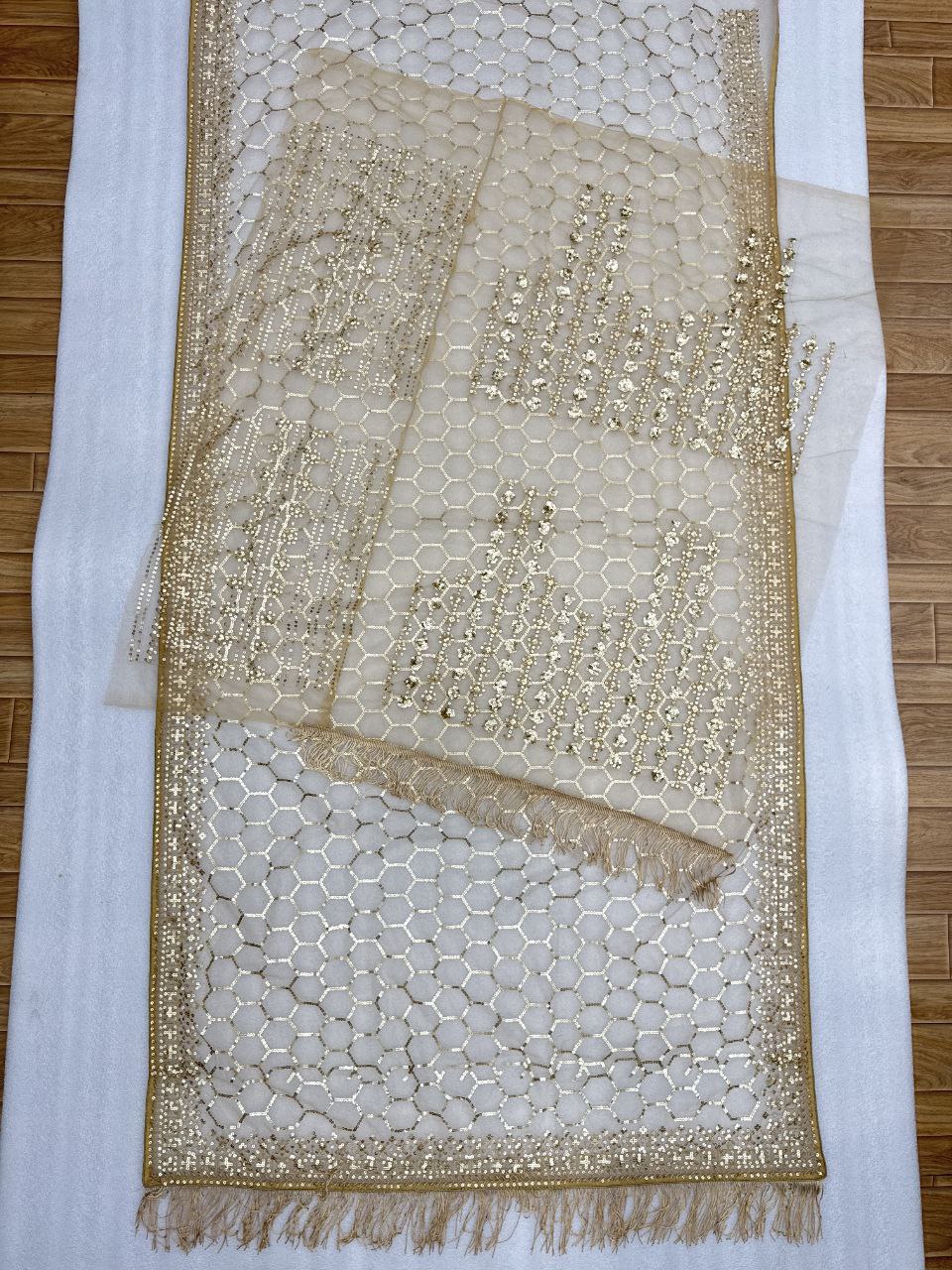 Golden Embroidered Net Saree with Sequins & Designer Blouse