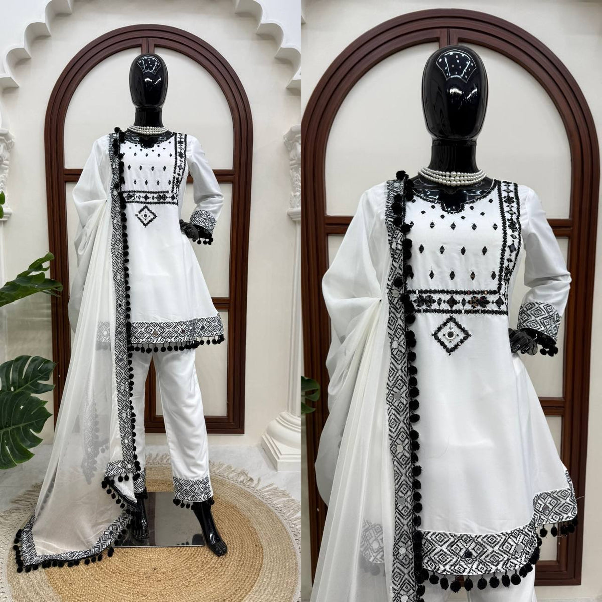 Traditional Kashmiri Thread Work Short Kurti with Trousers & Dupatta Set