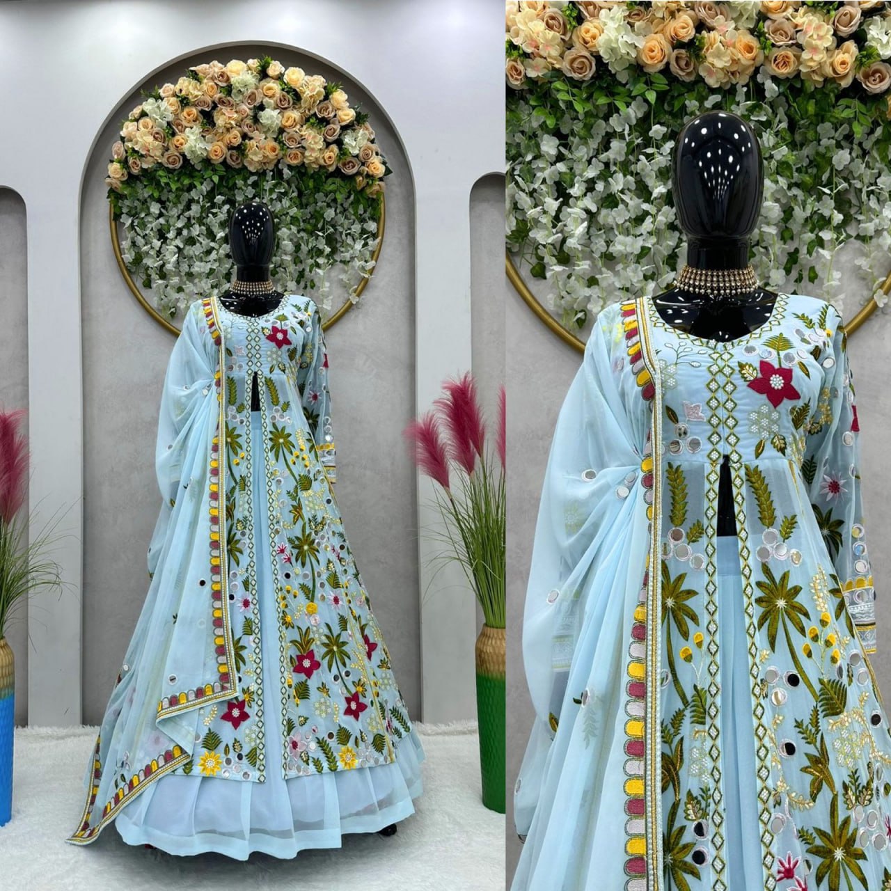 Party Wear Embroidary Work Beautiful Gown With Real Mirror