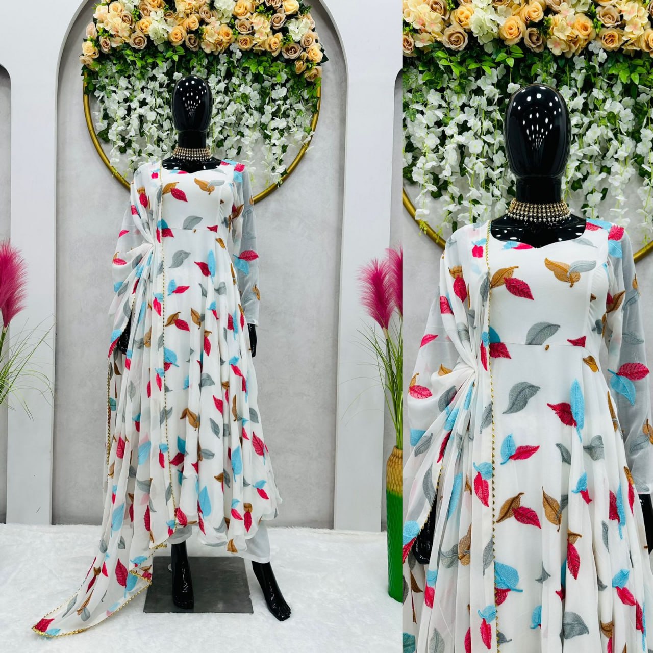 Embroidary With Hot Fix Daimond Work White Colour Full Stiched Gown