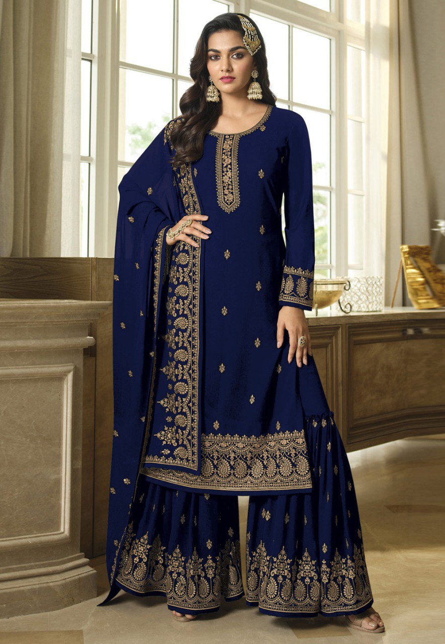 Georgette With Embroidery Work And Sequence Work Wedding Wear Sharara Suit