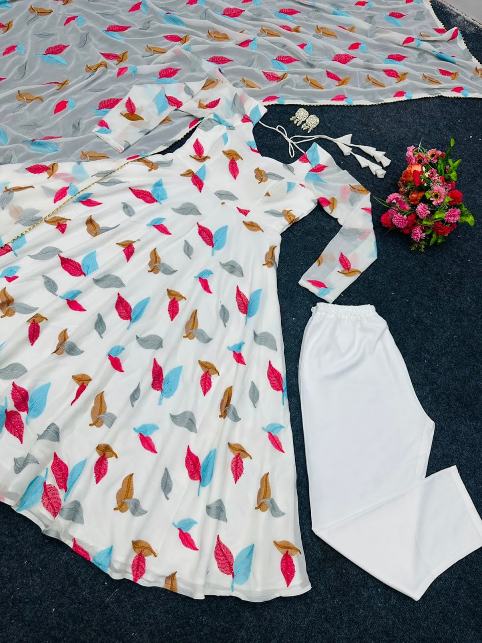 Embroidary With Hot Fix Daimond Work White Colour Full Stiched Gown