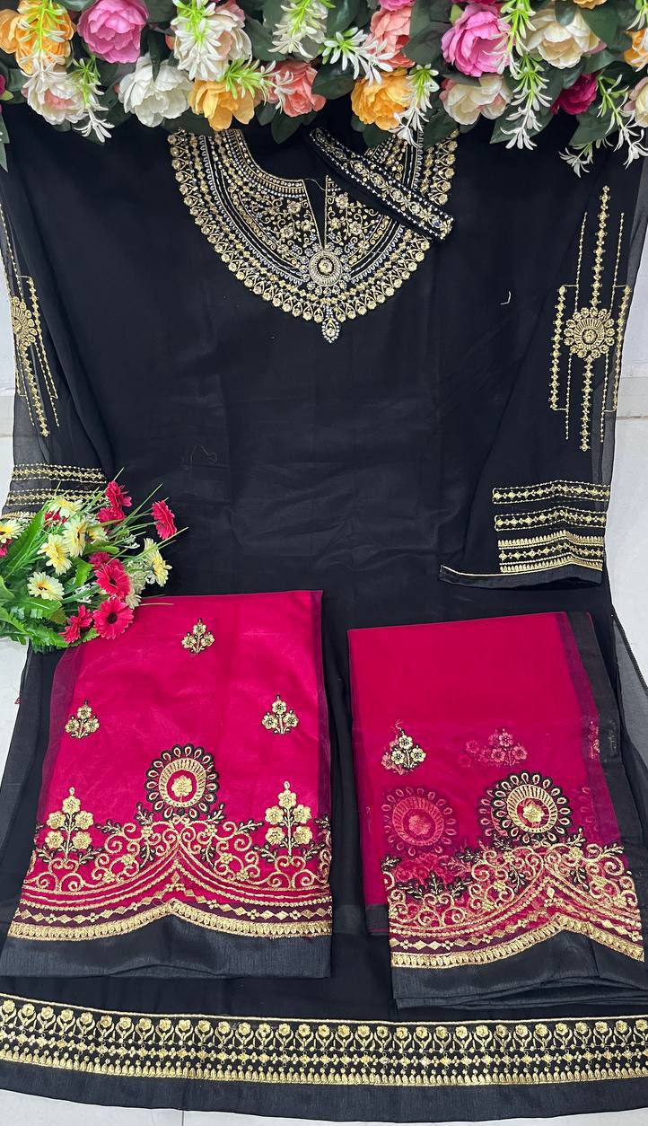 Amazing Georgette Embroidery Work Semi Stiched Salwar Plazo Suit With Beautiful Duppata