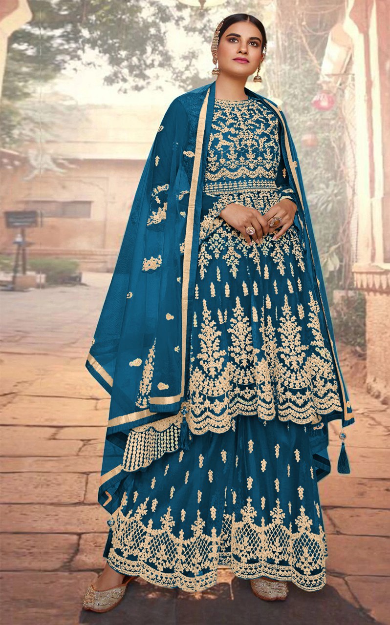 Heavy Butterfly Net With Coadding Embroidery And Stone Work Sharara Suit